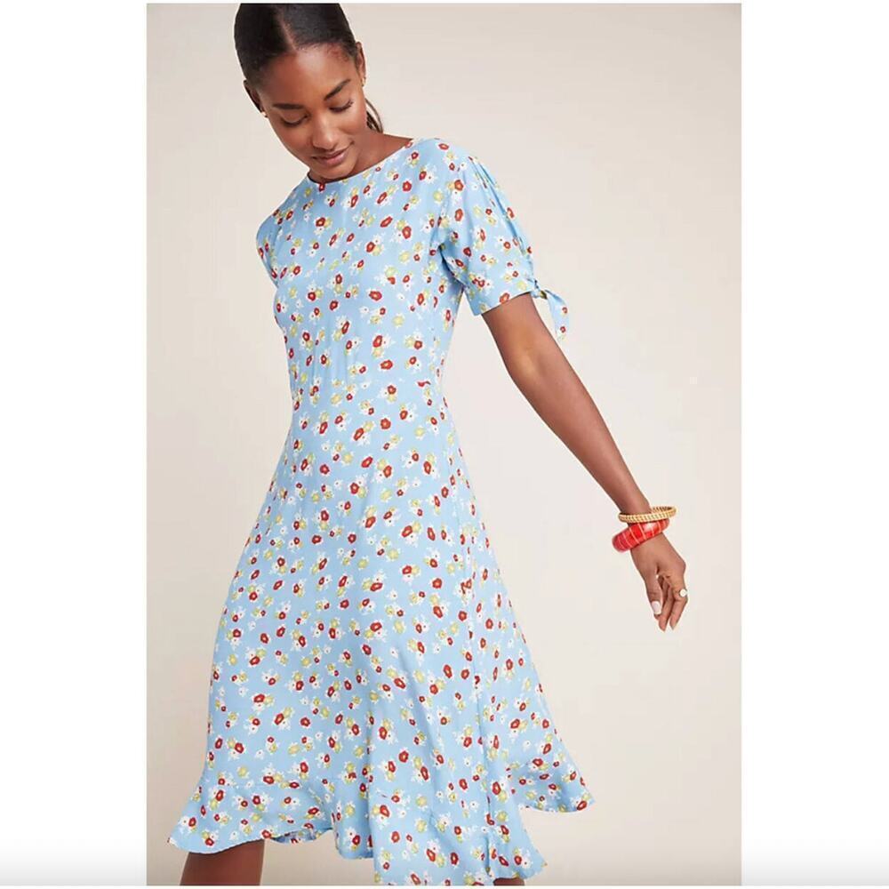 Faithfull The Brand $198 Blue Floral Tie Sleeve Midi Dress